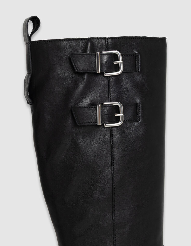 Botas negras cuero motero doble hebilla mujer-5