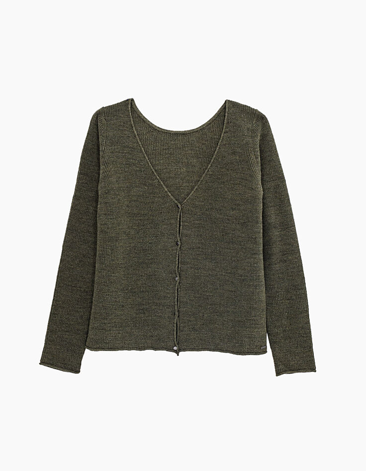 Cardigan fantaisie réversible fil poilu kaki femme-1