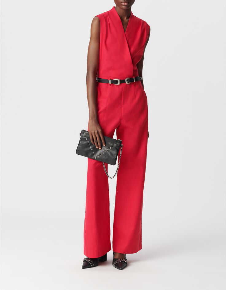 Combinaison rouge cache-coeur ceintur&eacute;e Femme-5