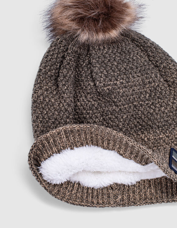 Baby Boys Khaki Fur Lined Knit Beanie With Pompom