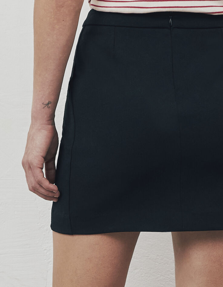 Jupe courte noire effet croisé boutons militaires femme-4