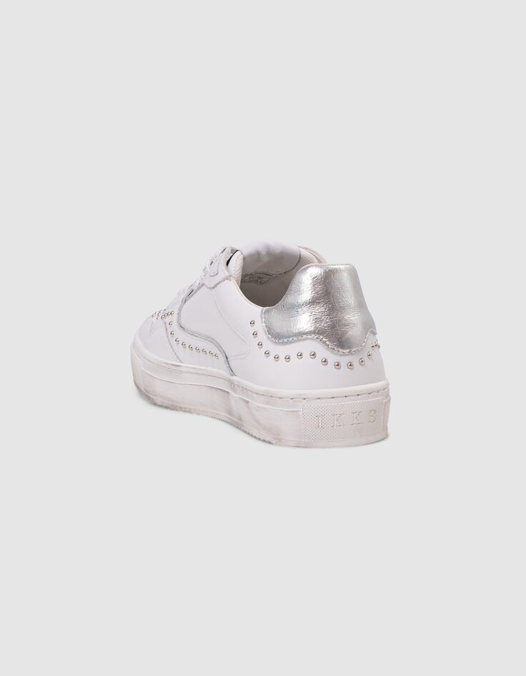 Baskets blanches cuir décor clous lacets silver Femme-3