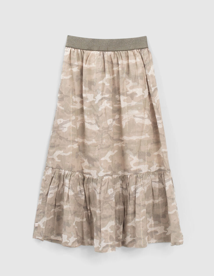 Jupe kaki imprimé camouflage et rayures dorées fille-2
