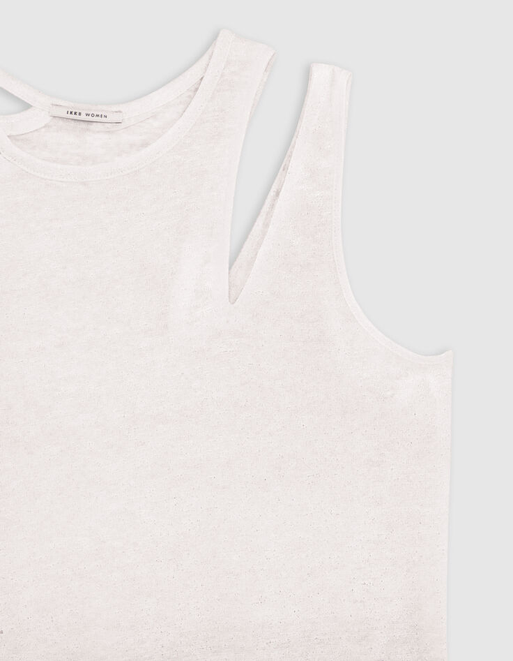 Weiße asymmetrische T-Shirt aus schillerndem Leinenstrick-6