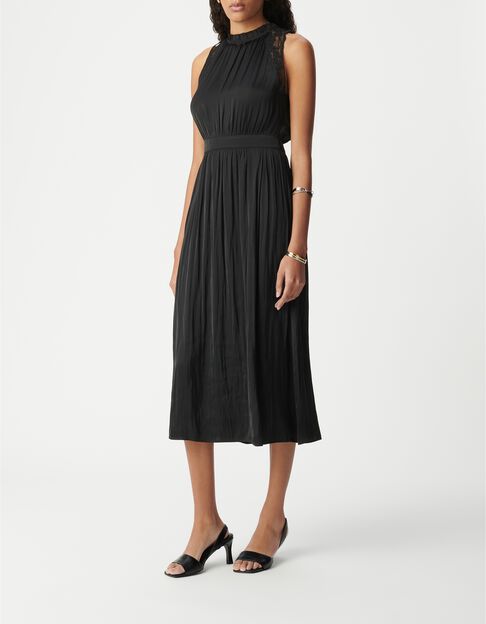 Robe longue noire effet froiss&eacute; avec dentelle Femme - IKKS