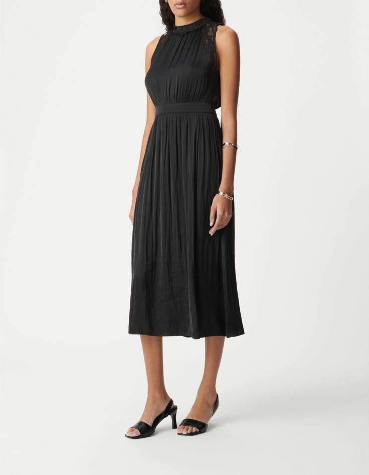Robe longue noire effet froiss&eacute; avec dentelle Femme-1