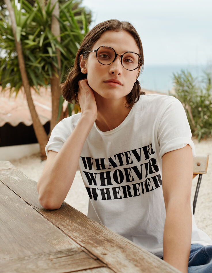 Camiseta blanca mensaje purpurina negra mujer-5
