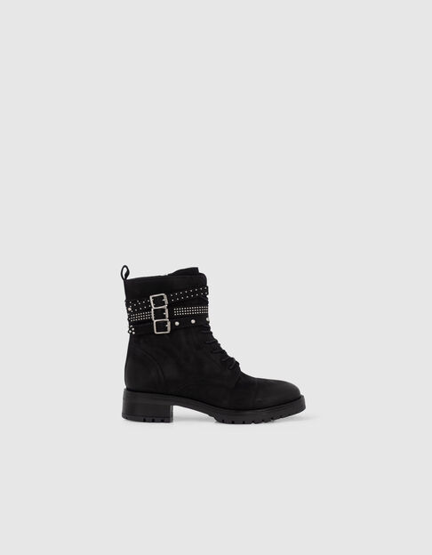 Women’s black leather lace-up boots with straps