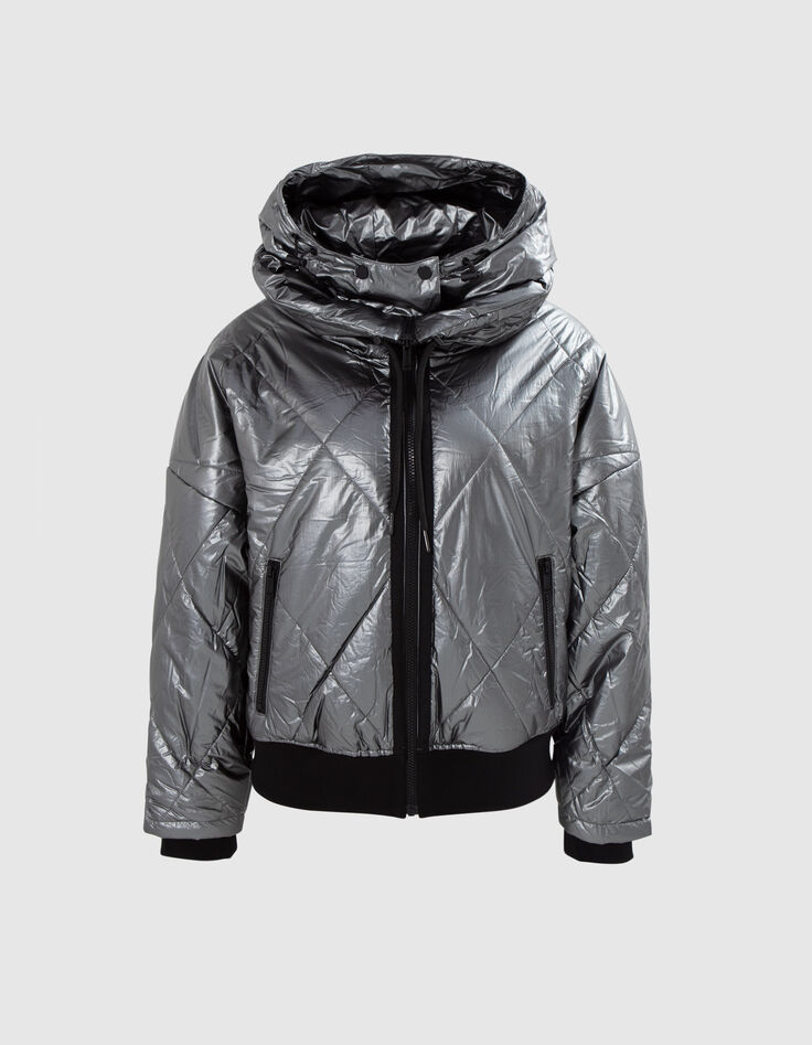 Kurze, schwarze Damensteppjacke mit verdeckter Kapuze-7