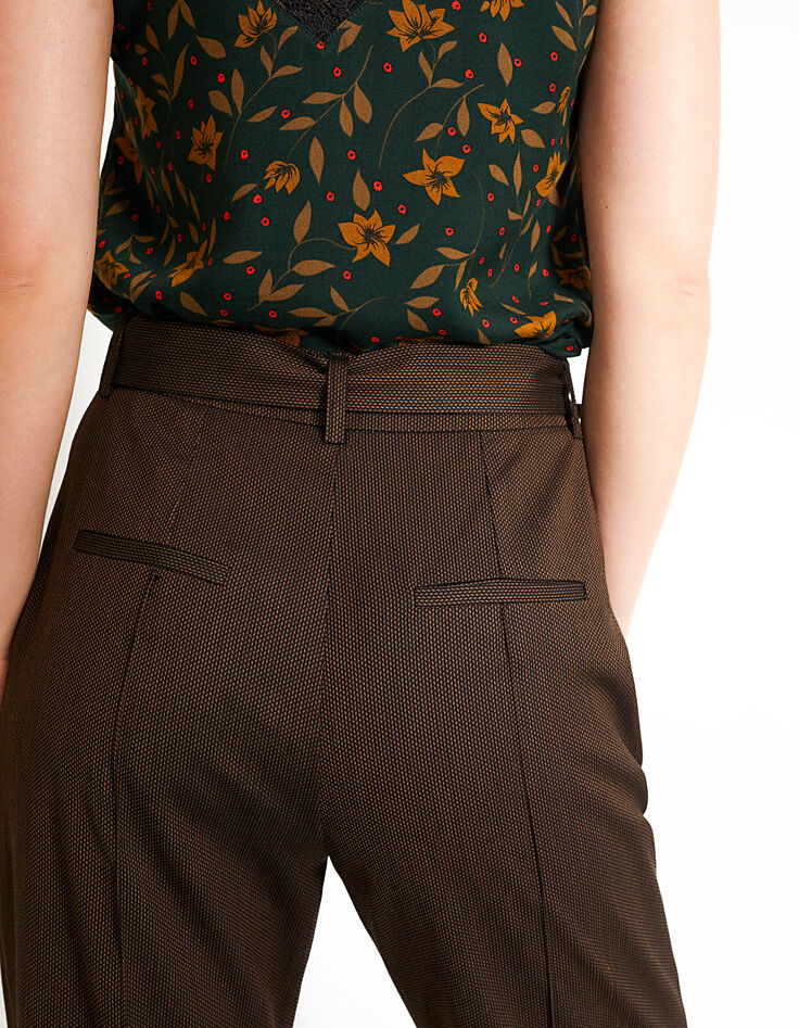 Pantalon cognac en tissu jacquard à taille haute I.Code-4