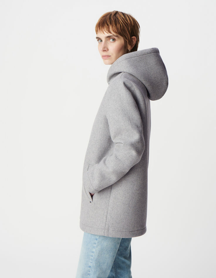 Grauer Mantel mit Kapuze aus Flanellwolle für Damen-6