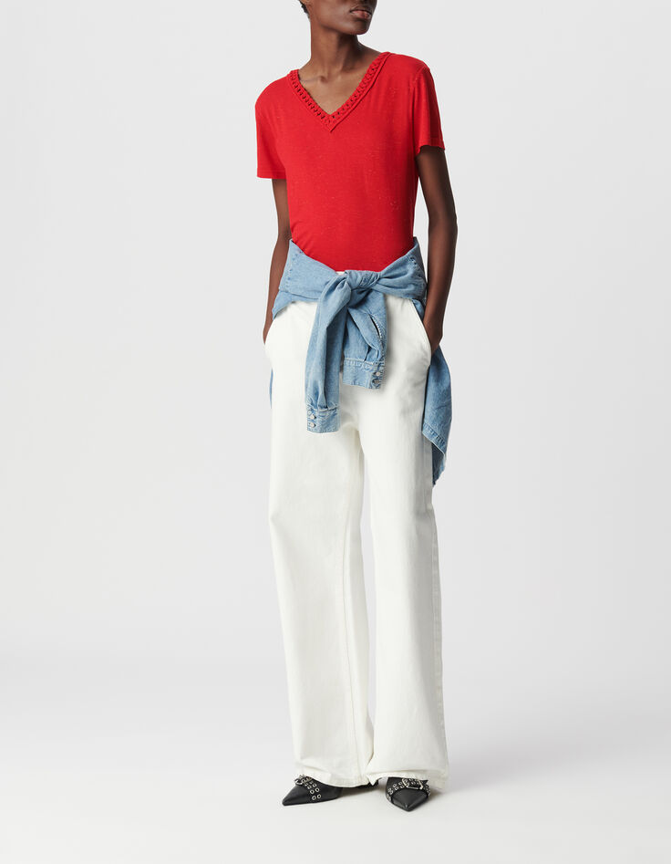 Camiseta roja de mujer con cuello en V trenzado-1