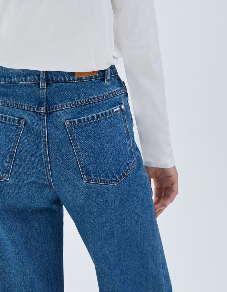 Jean large bleu taille haute 7/8e bas frangés Femme -5