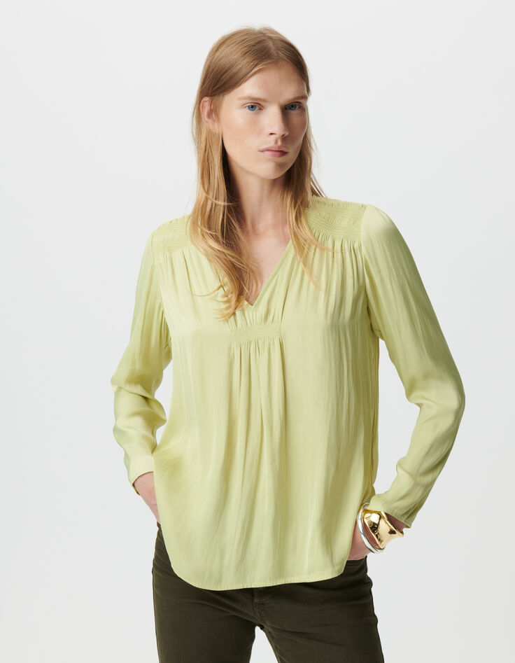 Blouse verte fluide détails smocks Femme-2