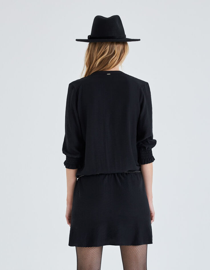 Vestido negro raso reciclado cintura cordón ajuste mujer-4