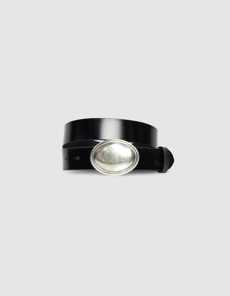 Cinturón negro cuero brillante hebilla mujer-1