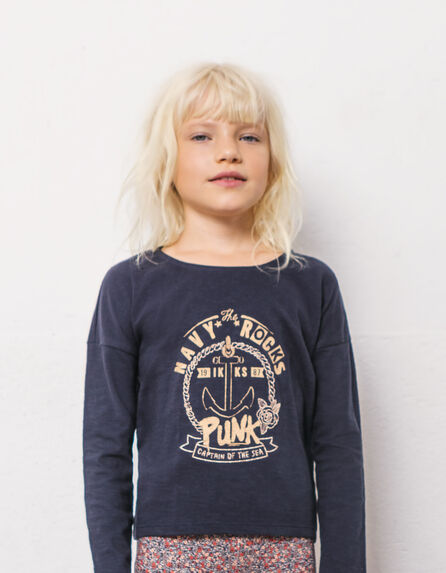 Girls’ dark navy T-shirt, anchor and gold embroidery