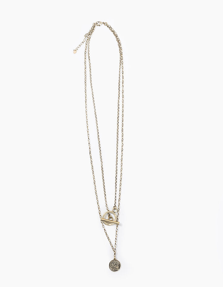 Women’s antique gold skeleton medallion stranded necklace-2