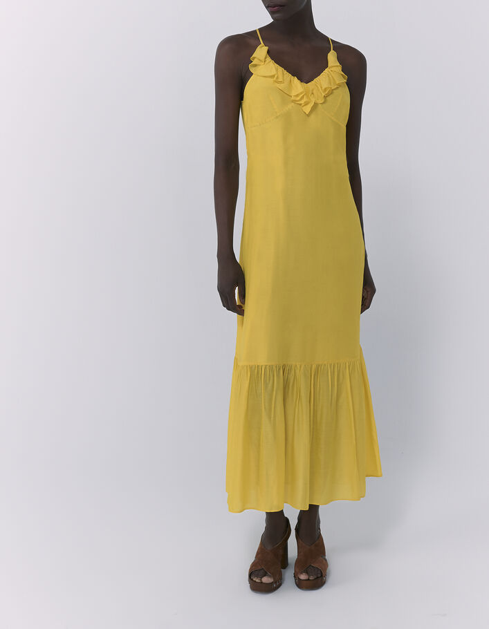 Langes gelbes Damenkleid mit schmalen Trägern und Volant - IKKS