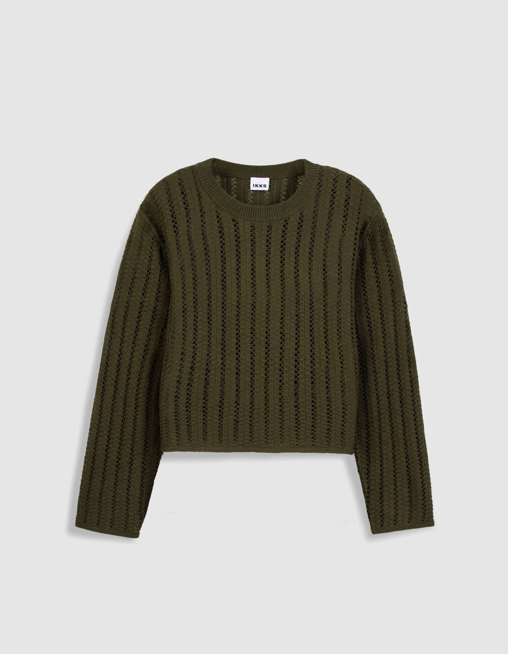 Pull manches longues kaki tricot ajour&eacute; Femme-6
