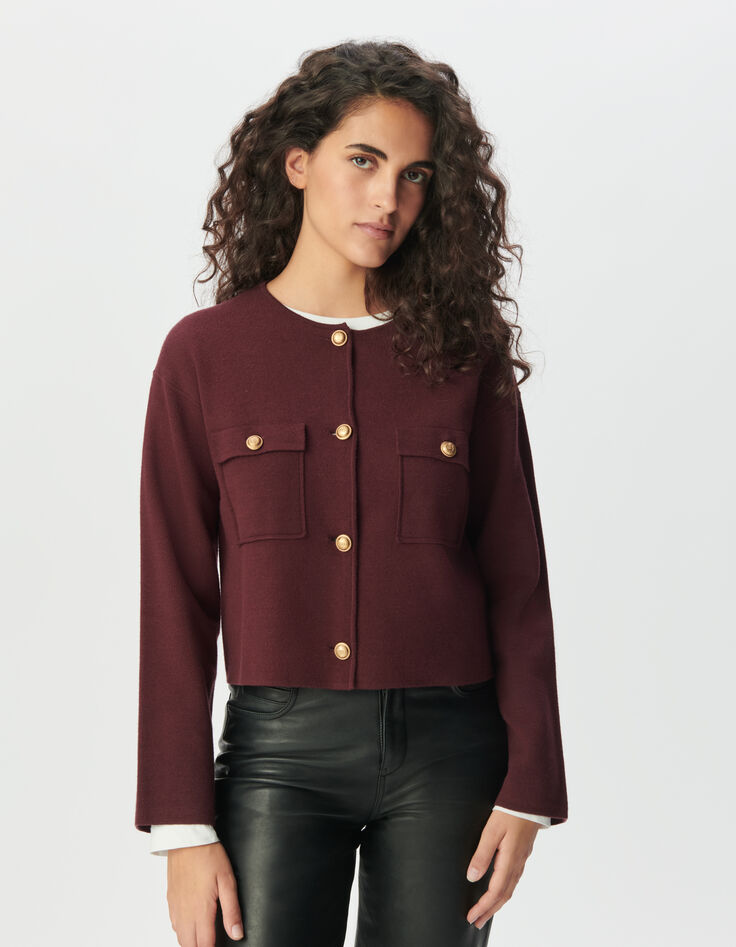 Women’s burgundy knit short cardigan with patch pockets-2