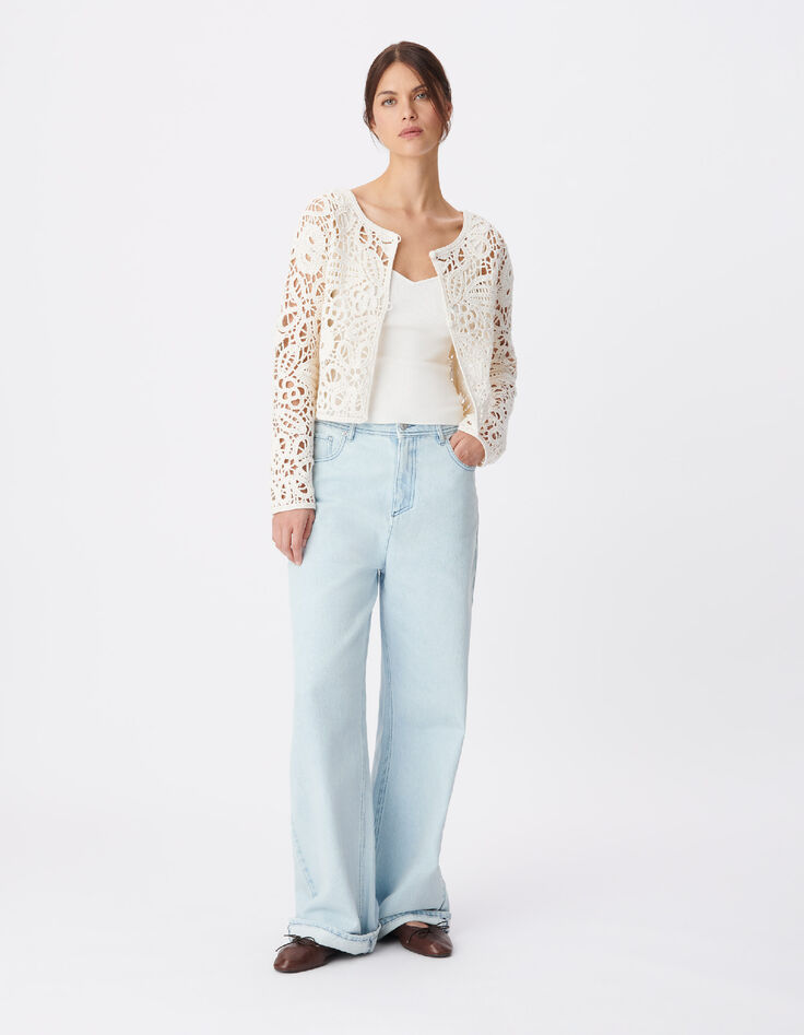Marineblaue Damen STRICKJACKE mit durchbrochener H&auml;kelarbeit-1