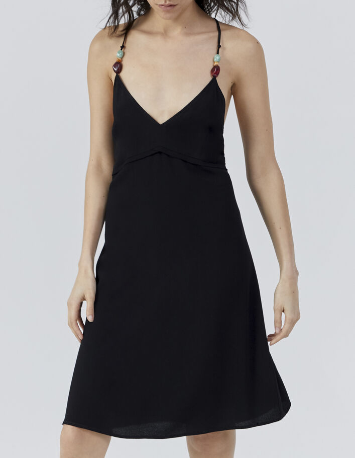 Schwarzes Damenkleid aus Ecovero™ mit Maxi-Perlen - IKKS