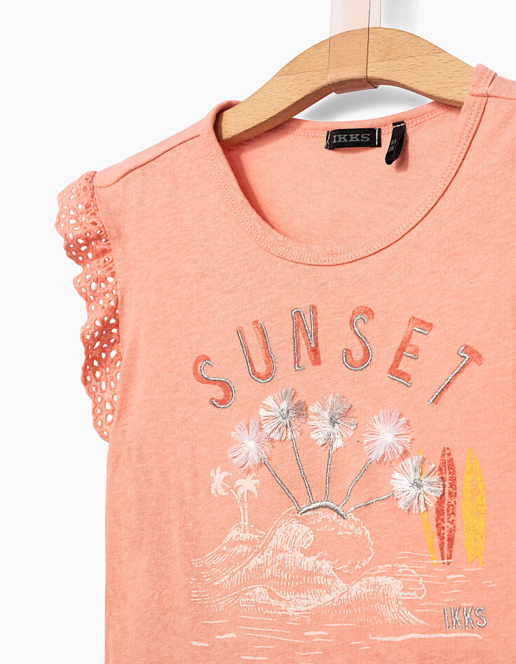 Camiseta melocotón Sunset bordado palmeras niña-2 Camiseta melocotón Sunset bordado palmeras niña-2