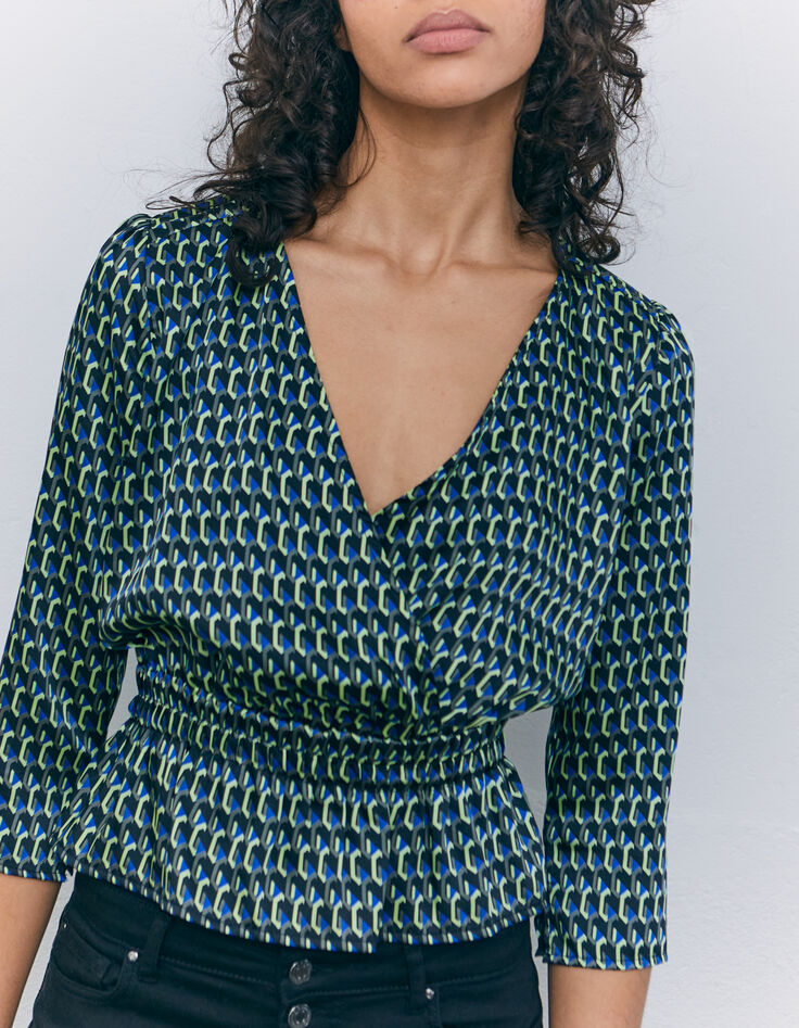 Women’s black graphic print wrap blouse-3