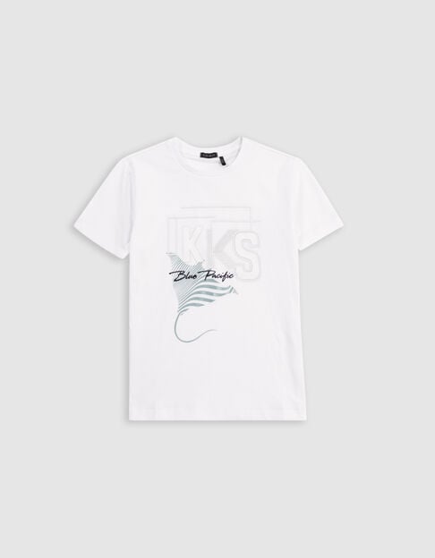 T-shirt blanc coton bio flocage logo et raie garçon - IKKS