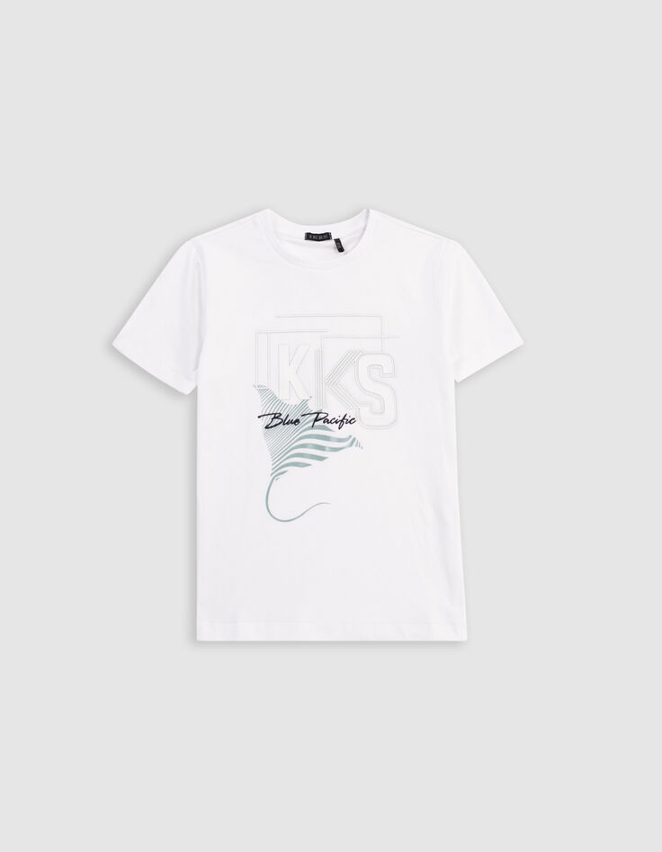 Weißes Jungen-T-Shirt, Biowolle, Beflockung Logo-Rochen-2