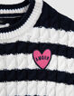 Pull écru tricot torsadé et rayures marine fille-5