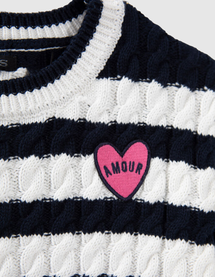 Girls' ecru cable knit sweater with navy stripes