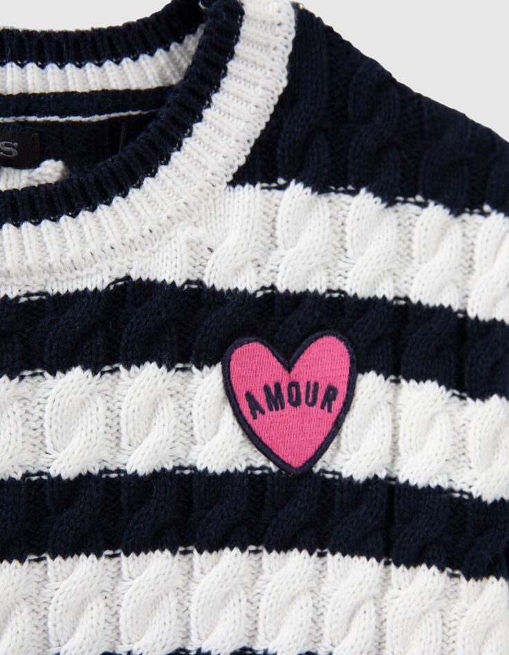 Pull écru tricot torsadé et rayures marine fille-5