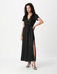 Women's black satin maxi dress with crinkled lace details-6