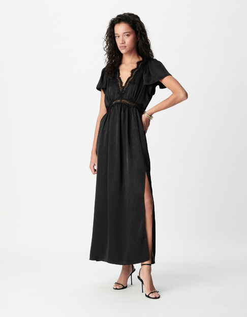 Robe longue noire satin&eacute;e froiss&eacute;e d&eacute;tails dentelle Femme - IKKS