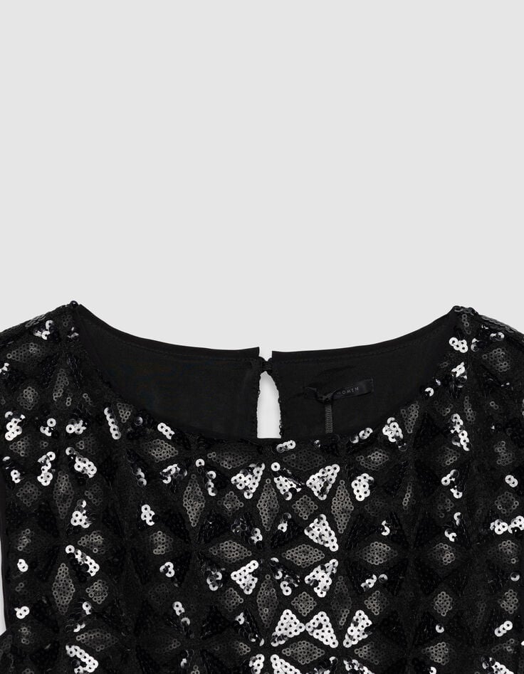 Schwarzes Damenkleid mit Grafikpaillettenstickerei-9