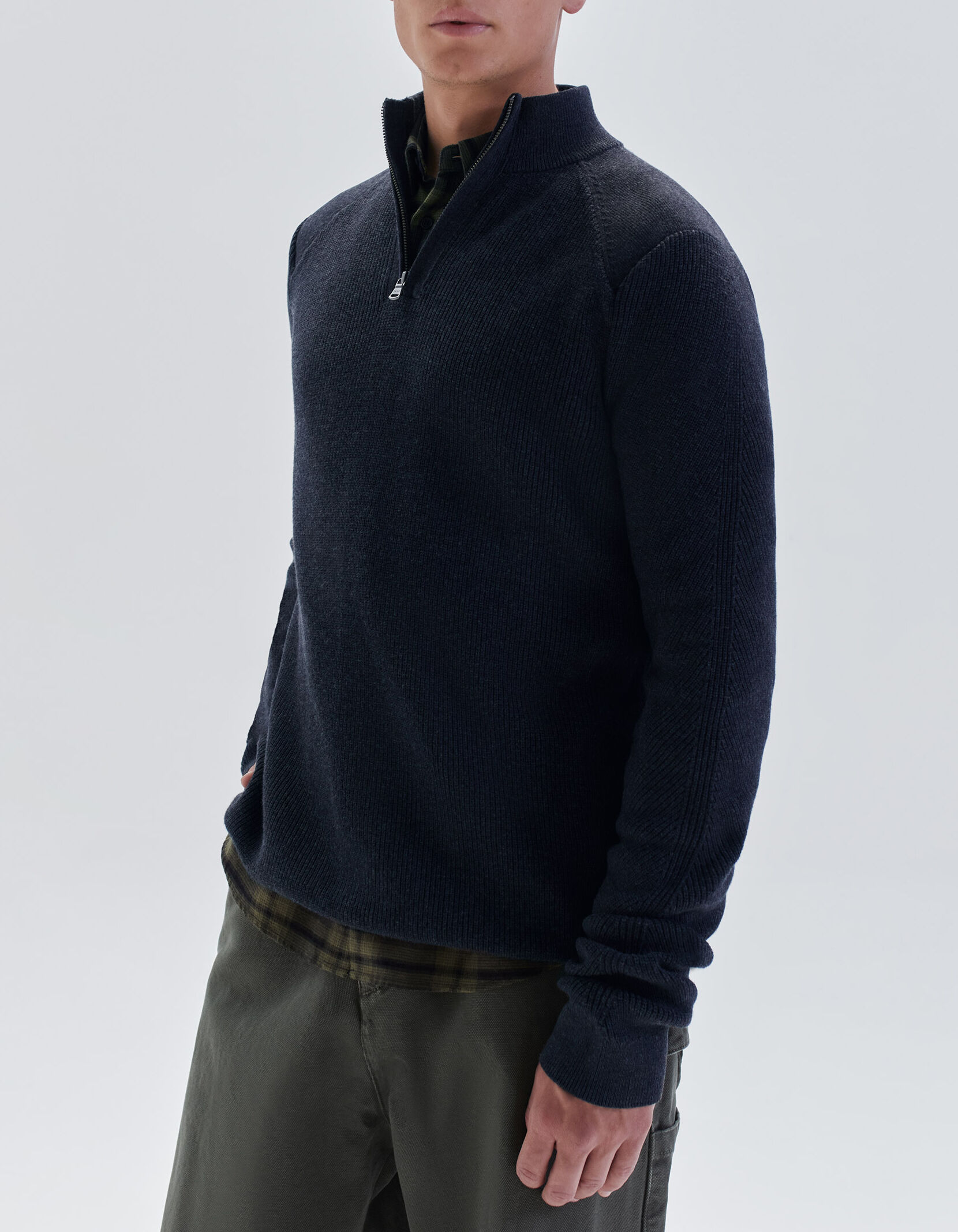 Men's navy ribbed knit zipped-neck sweater