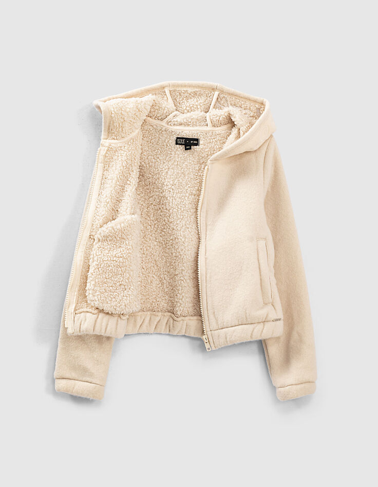 Cremewei&szlig;e M&auml;dchenstrickjacke mit Sherpafleecefutter-4