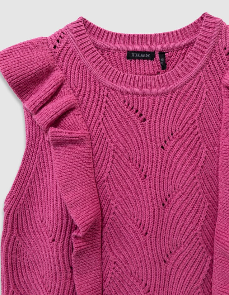 Pull sans manches rose tricot fantaisie volants fille-3 Pull sans manches rose tricot fantaisie volants fille-3