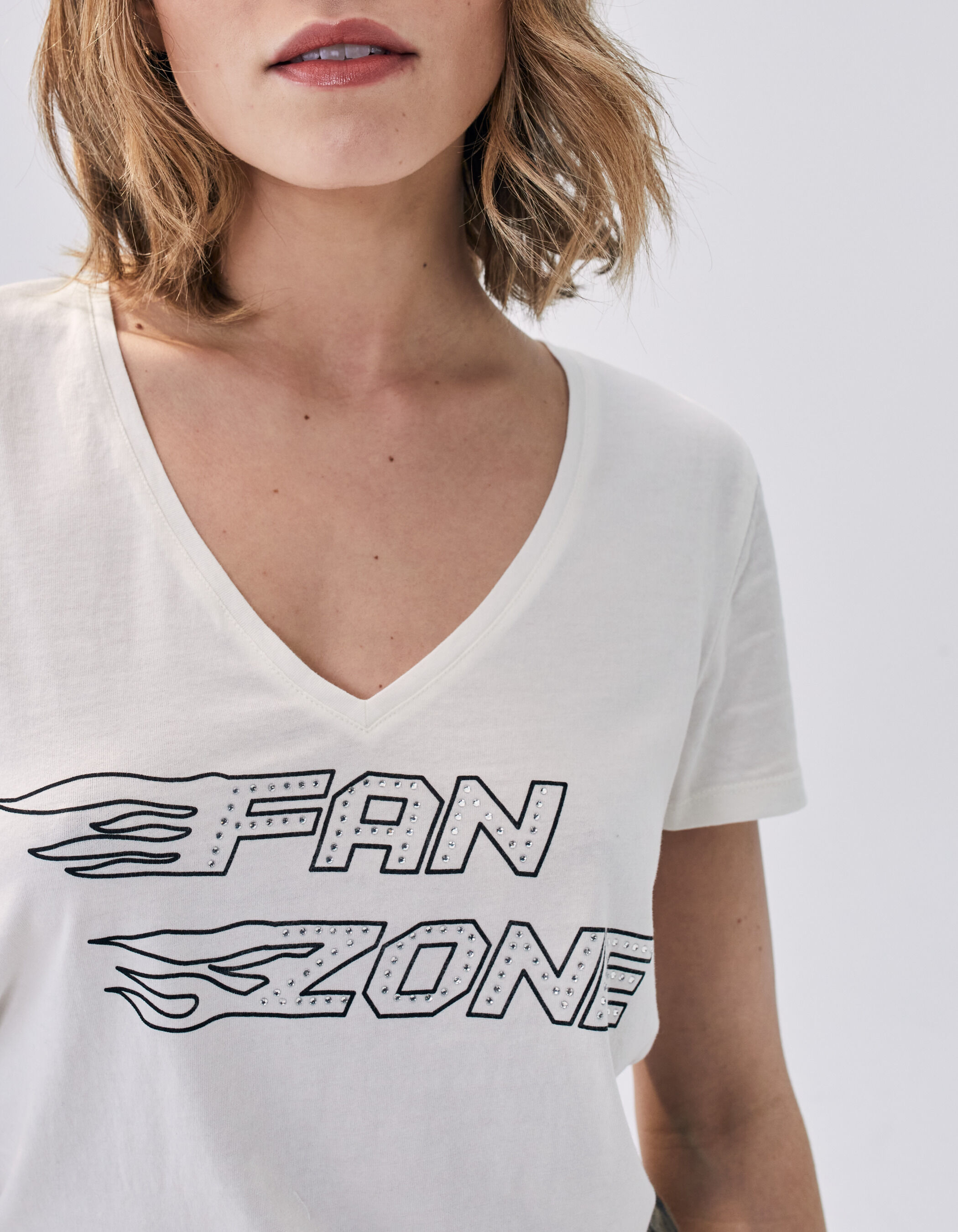 Women s off white slogan T shirt with diamante