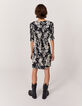 Robe courte en cr&ecirc;pe imprim&eacute; floral noir et blanc femme-3