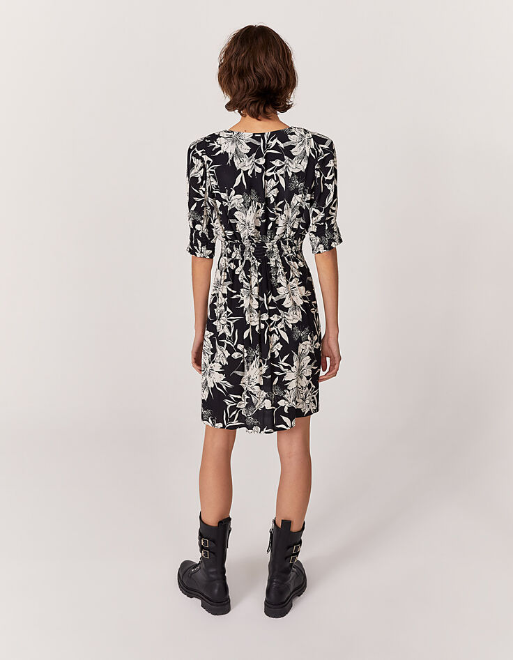 Robe courte en cr&ecirc;pe imprim&eacute; floral noir et blanc femme-3