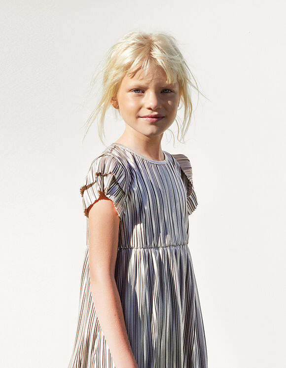 Girls’ champagne pleated dress with butterfly sleeves