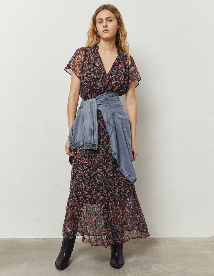 Langes, schwarzes Damenkleid mit Blumenprint-7