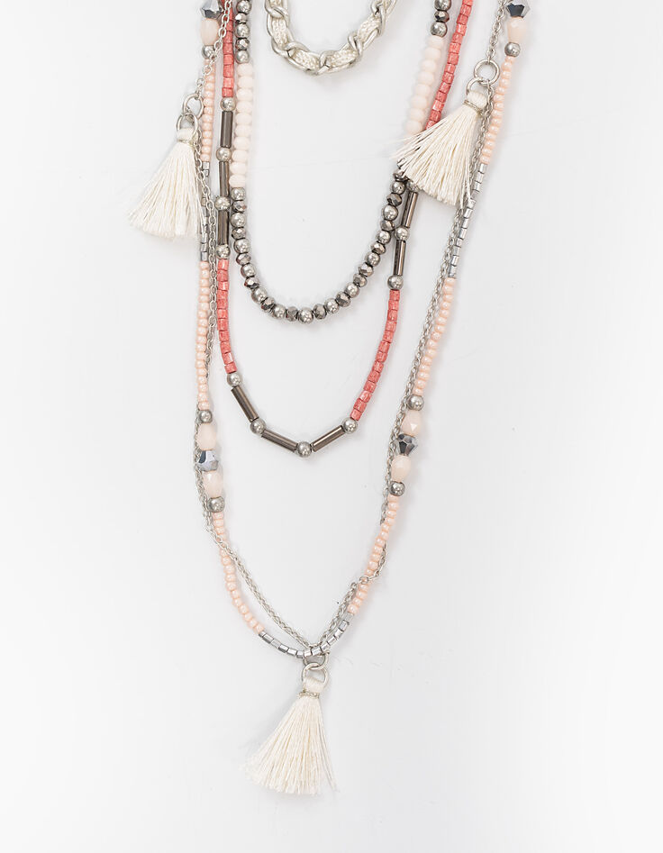Collier sautoir multirangs perles colorées pompons femme-4