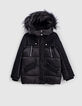 Parka noire bi mati&egrave;re &agrave; capuche fille-1