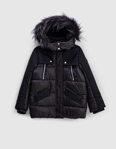 Parka noire bi mati&egrave;re &agrave; capuche fille - IKKS
