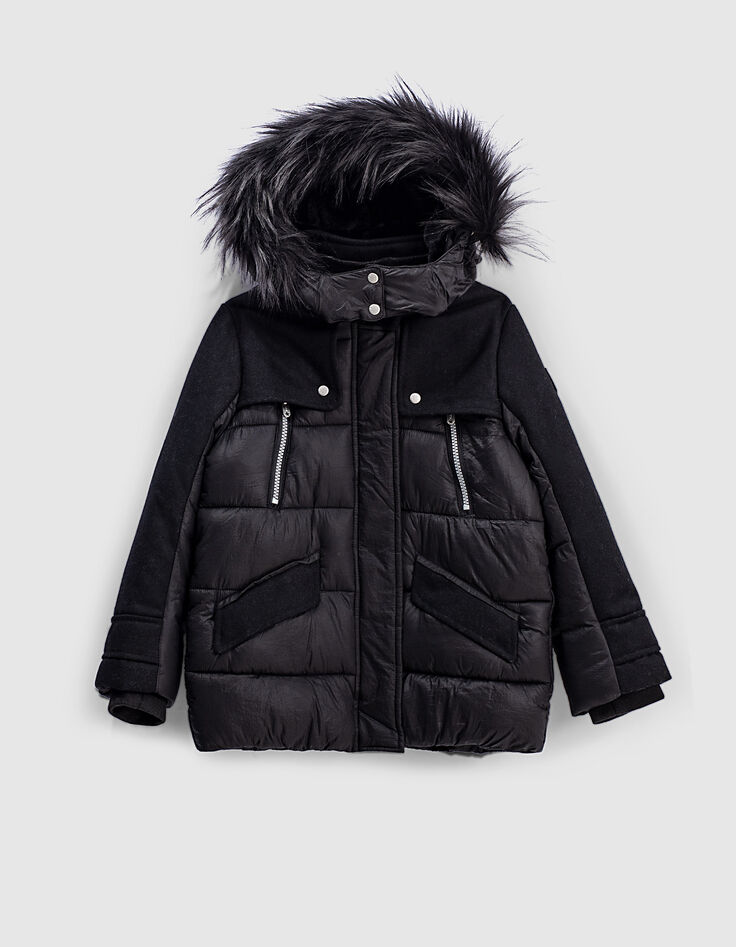 Parka noire bi mati&egrave;re &agrave; capuche fille-1