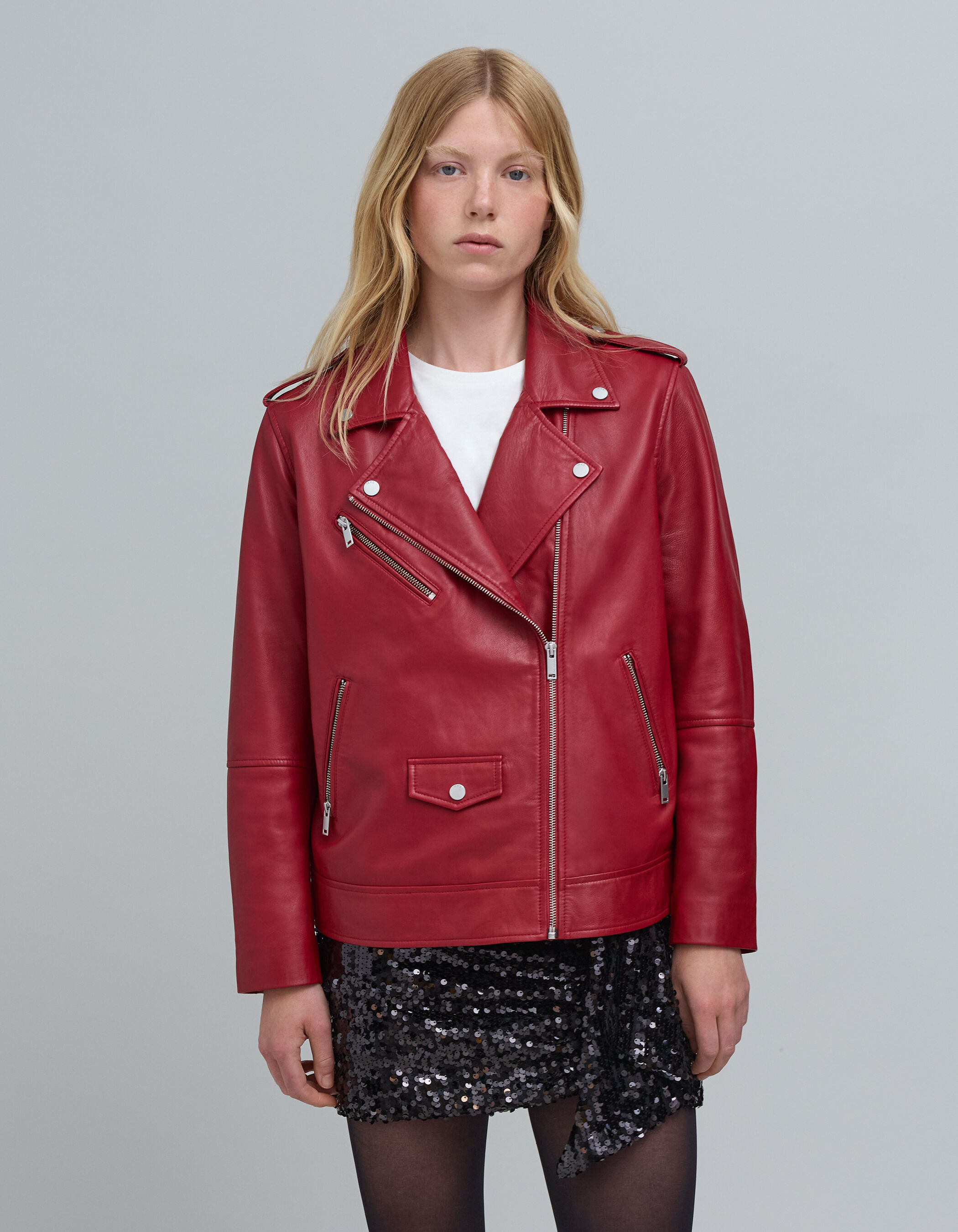Cazadora biker de piel roja bolsillos cremallera IKKS